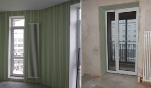 Узкие и высокие радиаторы отопления вдоль французских окон